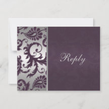 Tarjeta de RSVP Lápiz Morado y Plateado Damask II