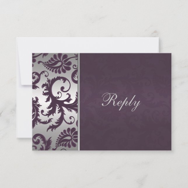 Tarjeta de RSVP Lápiz Púrpura y Plateado Damask (Anverso)