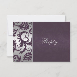 Tarjeta de RSVP Lápiz Púrpura y Plateado Damask