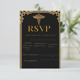 Tarjeta de RSVP Médica Elegante de Negro y Oro con