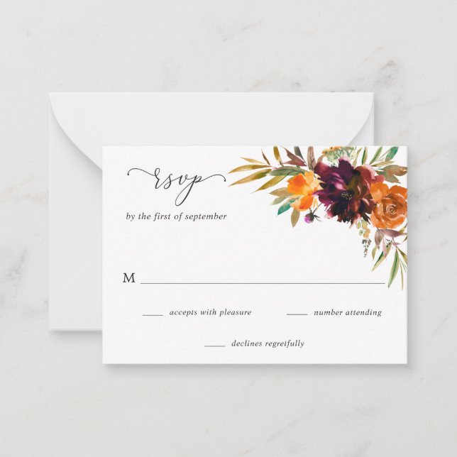 Tarjeta de RSVP mini de boda floral de otoño rústi (Anverso)