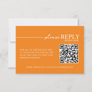 Tarjeta de RSVP naranja con tipografía minimalista