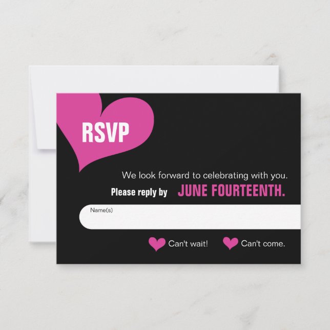 Tarjeta de RSVP - Negra con Corazones Rosados (Anverso)
