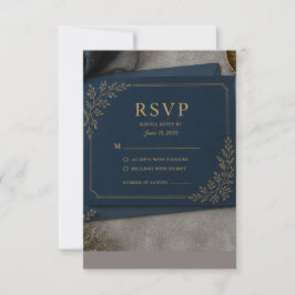 Tarjeta de RSVP negra y dorada, respuesta de boda