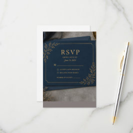 Tarjeta de RSVP negra y dorada, respuesta de boda 