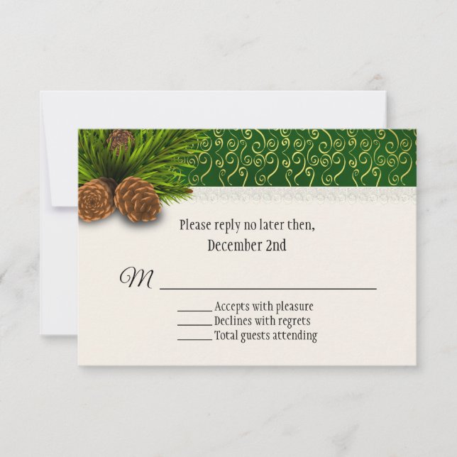 Tarjeta de RSVP para boda de invierno con piñas (Anverso)