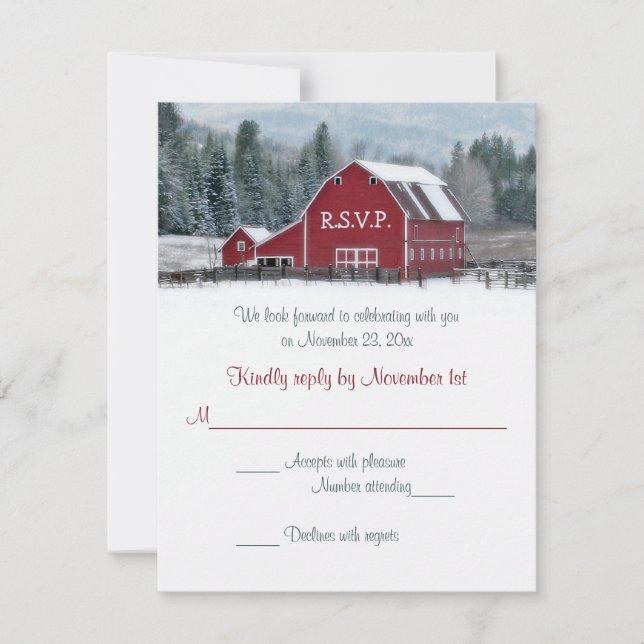Tarjeta de RSVP para Boda de Red Barn en Invierno (Anverso)