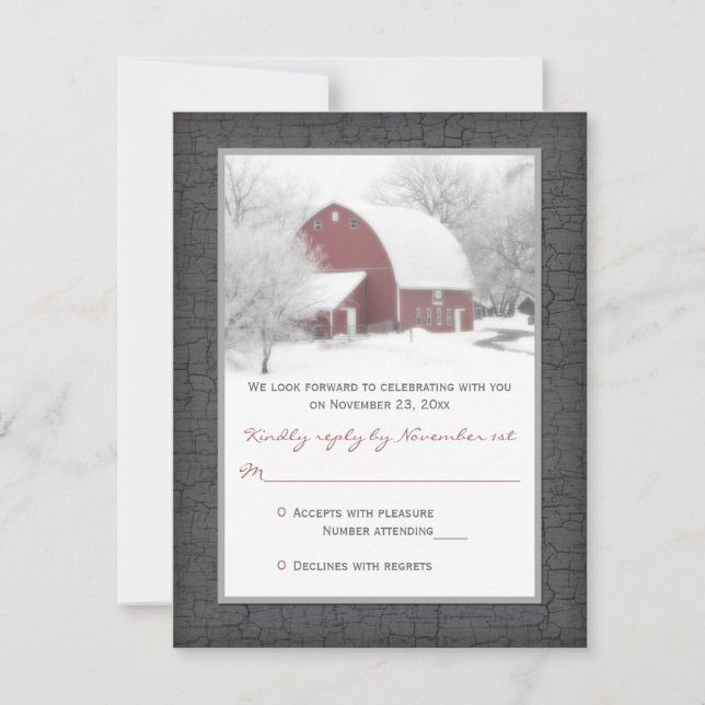 Tarjeta de RSVP para Boda de Red Barn en Invierno (Anverso)