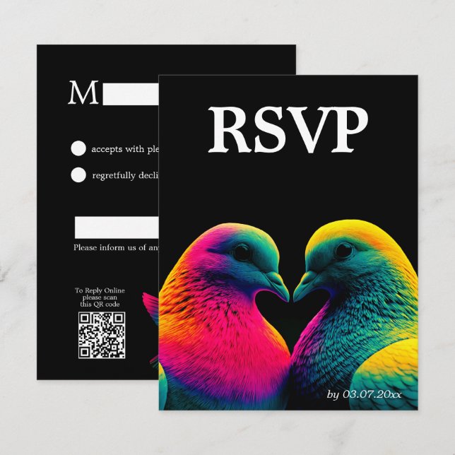 🌈  Tarjeta de RSVP simple con código QR Palomas d (Anverso / Reverso)