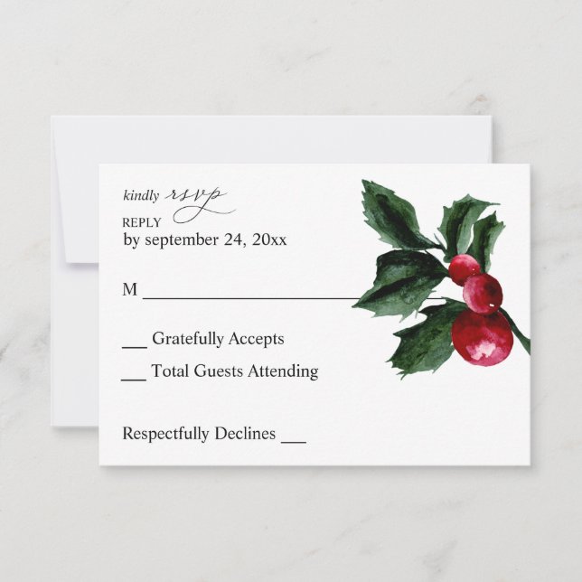 Tarjeta de RSVP sin comida de baya de acebo de inv (Anverso)