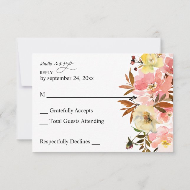 Tarjeta de RSVP sin comida floral rosa y amarillo  (Anverso)
