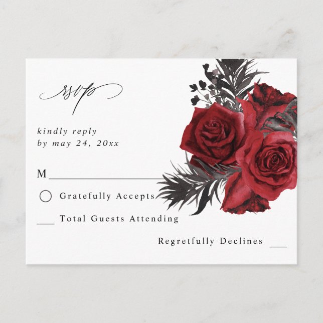Tarjeta de RSVP V2 Floral Roja y Negra sin Opción  (Anverso)