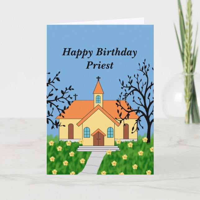 Tarjeta de sacerdote feliz cumpleaños con iglesia  (Anverso)