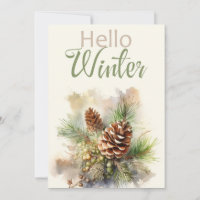 Tarjeta de saludo acuarela con ramas de pino, cono