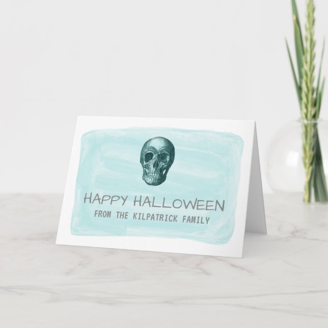Tarjeta de saludo Aqua Watercolor Skull Halloween (Anverso)