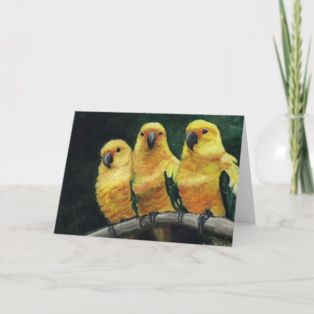Tarjeta de saludo Bird Art "Three Sun Conures" (Anverso)