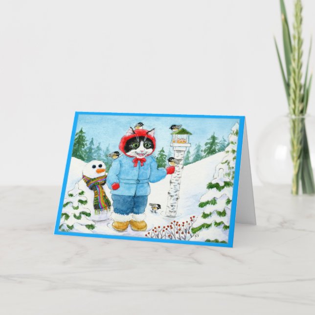 Tarjeta de saludo Comedero de pájaros gatito de ga (Anverso)