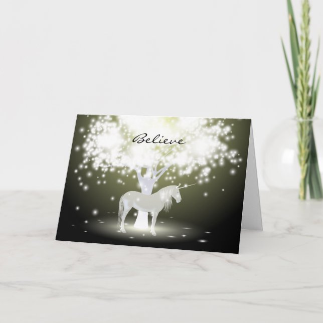 Tarjeta de saludo con árbol fluorescente y unicorn (Anverso)