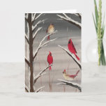 Tarjeta de saludo con cardenales<br><div class="desc">Esta tarjeta de felicitación 5x7 incluye una familia de cardenales en invierno.  El original,  titulado "Árbol de familia",  fue pintado por el artista David Pepper en enero de 2022.</div>