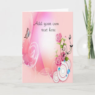 Tarjeta de saludo con flor rosa y mariposa