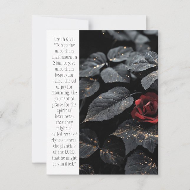Tarjeta de saludo con Isaiah 61:3 'Belleza por los (Anverso)