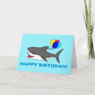 Tarjeta de saludo con tiburón lindo y globos