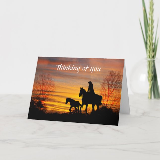 Tarjeta de saludo Cowgirl Sunset Horseback Ride (Anverso)