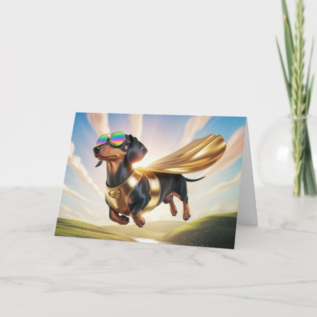 Tarjeta de saludo Dachshund Superhero (Anverso)