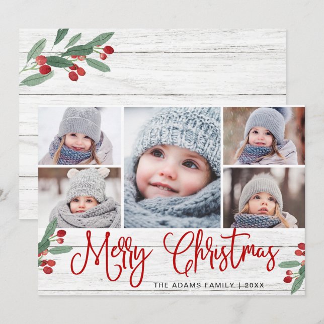 Tarjeta de saludo de 5 FOTOS para navidades Holly  (Anverso / Reverso)