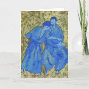Tarjeta de saludo de aikido azul y verde practican