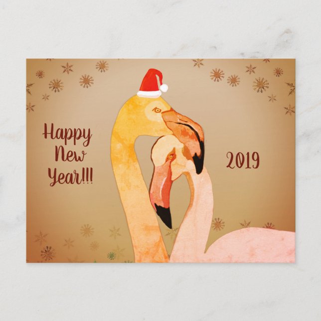 Tarjeta de saludo de Año Nuevo Aves Flamingo (Anverso)