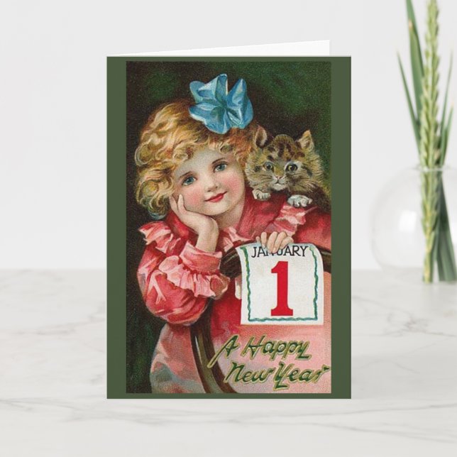 Tarjeta de saludo de Año Nuevo para niños y gatito (Anverso)