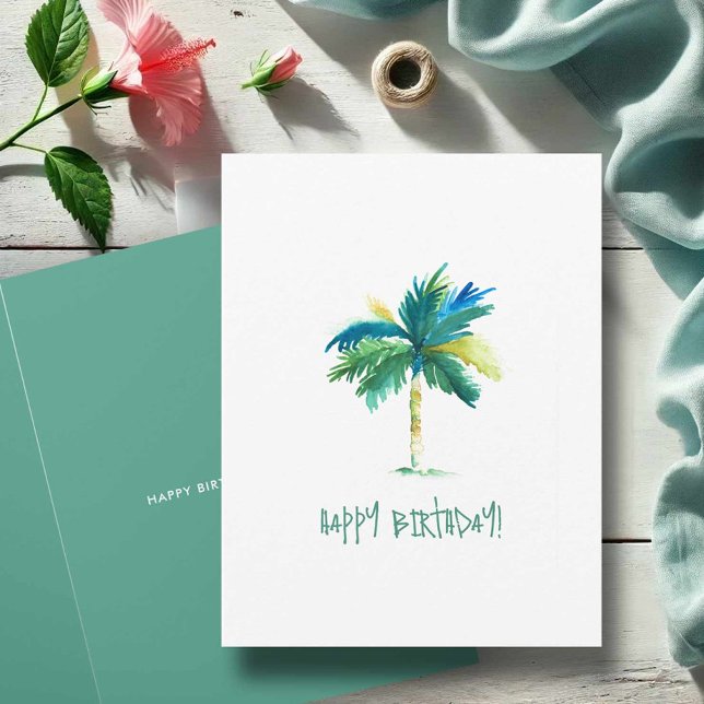 Tarjeta De Saludo De Árbol De Palma Tropical Para  (Birthday cards designed with hand painted watercolor palm tree art by Victoria Grigaliunas )