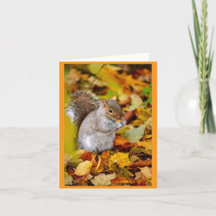 Tarjeta de saludo de ardilla en hojas de otoño