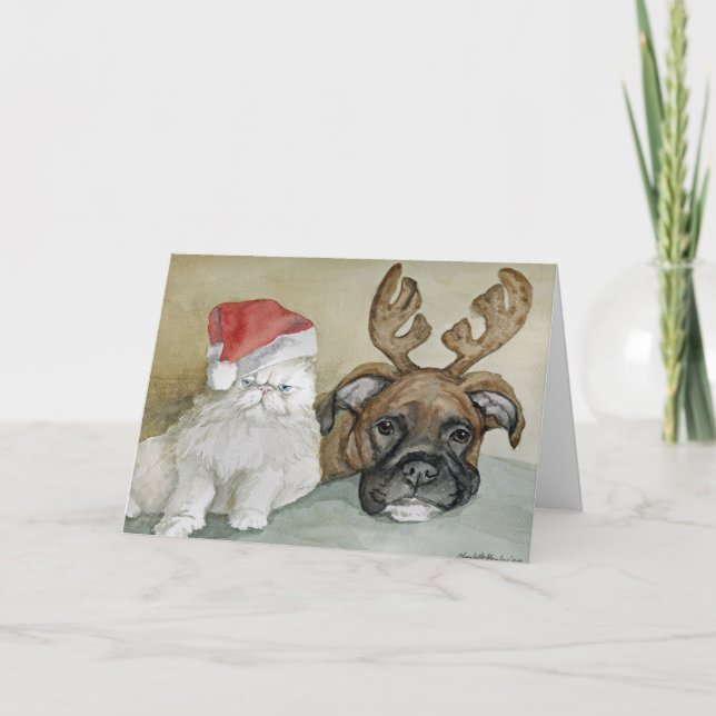 Tarjeta de saludo de arte canino "Boxer y Cat" (Anverso)