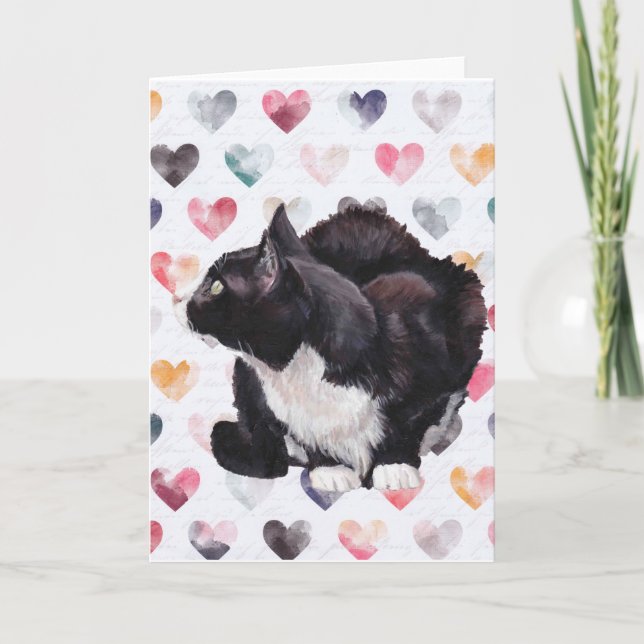 Tarjeta de saludo de arte gato Kitty Love Tuxedo (Anverso)