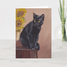 Tarjeta de saludo de arte Gato y girasol negro