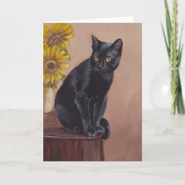Tarjeta de saludo de arte Gato y girasol negro