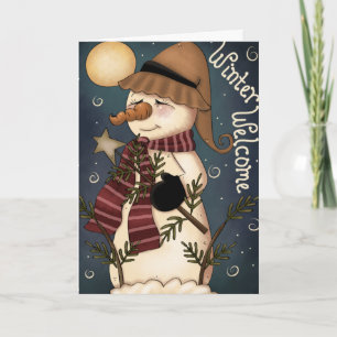Tarjeta de saludo de arte popular Snowman, bienven
