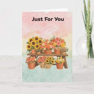 Tarjeta de saludo de banco de girasoles y flores s