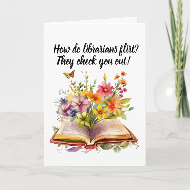 Tarjeta de saludo de bibliotecario y libros (Anverso)