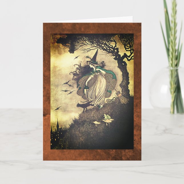 Tarjeta de saludo de bruja de dibujos antiguos de  (Anverso)