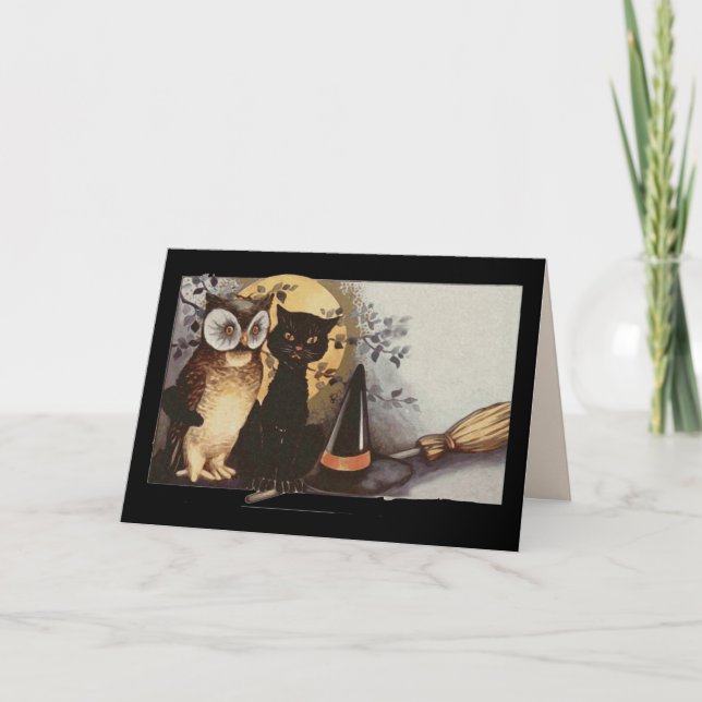 tarjeta de saludo de búho y gatos de halloween (Anverso)
