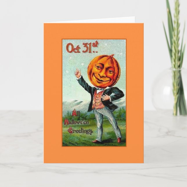 Tarjeta de saludo de cabeza de calabaza de Hallowe (Anverso)