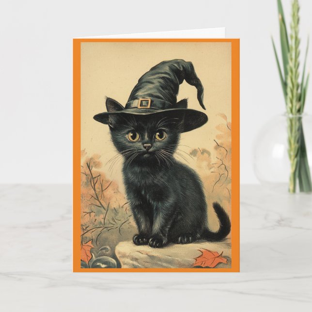 Tarjeta de saludo de Cat In Witch Gorra Greet (Anverso)