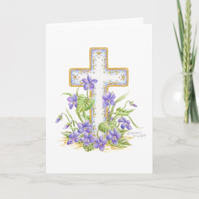 Tarjeta de saludo de cruz violeta de la oración de (Anverso)