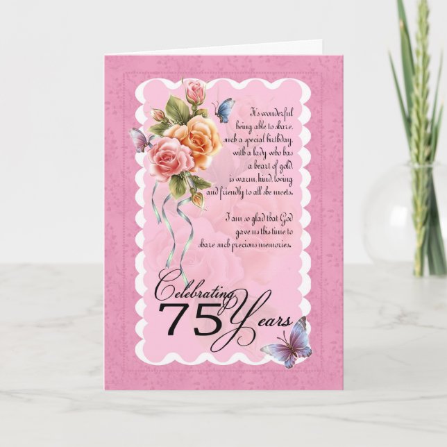 Tarjeta de saludo de cumpleaños 75 - rosas y marip (Anverso)