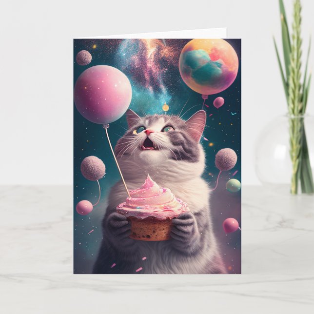 Tarjeta de saludo de cumpleaños Cat in Space (Anverso)