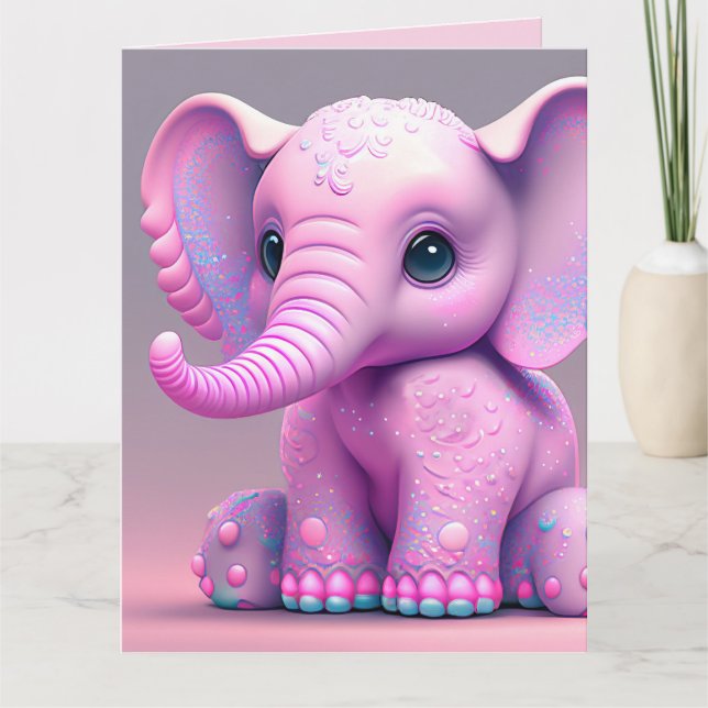 Tarjeta de saludo de cumpleaños con ELEFANTE ROSA (Anverso)