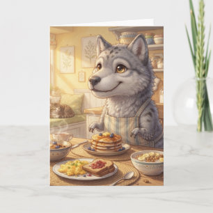 Tarjeta de saludo de desayuno de lobo lindo